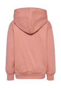 Pink hættetrøje med lange ærmer og ribstrikkede manchetter og kant, vist bagfra på en hvid baggrund.