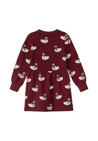 Burgunderfarbendes Langarmkleid mit Schwanenmotiv, das einen taillierten Oberteil und einen gerafften Rock hat. Hergestellt aus weichem Stoff mit gerippten Bündchen.