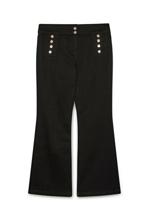 Pantaloni neri in denim a campana con cinque bottoni metallici sui taschini anteriori e chiusura con zip. Texture liscia, design a lunghezza completa.