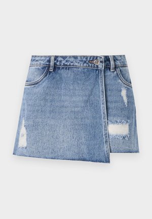 Denim mini skirt in light blue with faded areas and distressed details. Features a front button closure and traditional five-pocket design.