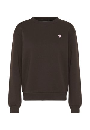 Brown sweatshirt with a crew neck and ribbed cuffs. Features a small pink heart embroidered on the left chest area. Soft fabric texture.