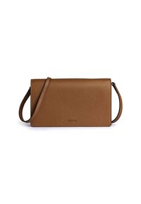 Borsa a tracolla in pelle marrone texturizzata con forma rettangolare e tracolla staccabile. Presenta un marchio discreto sulla parte frontale.
