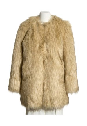 Beige long-sleeve faux fur coat on a white mannequin torso, with a slightly rounded collar and a mid-thigh length cut.