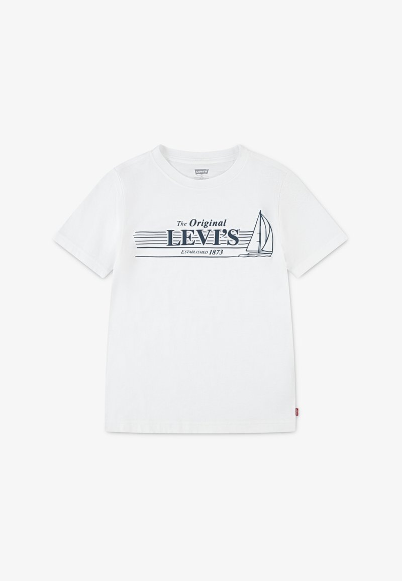 White cotton t-shirt featuring a navy graphic with text and a sailboat design. Crew neck and short sleeves, regular fit.