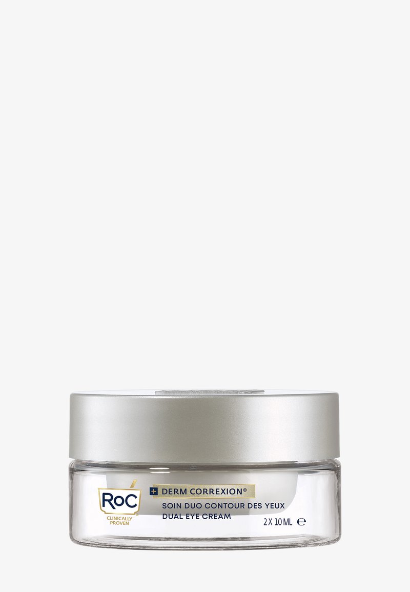 Barattolo di vetro trasparente con coperchio argentato, contenente crema per gli occhi duale, etichettato 'ROC Derm Correxion', contenente 2 x 10 mL di prodotto.