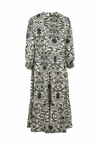 Blümchenmuster-Kleid in Creme, Schwarz und Blau. Lange Ärmel mit gerafften Bündchen, gestuften Saum und entspannter Schnitt. Weicher Stoff.