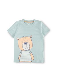 Light blue cotton t-shirt featuring a bear graphic. The bear has a smiling face with a striped shirt, outlined in black. Short sleeves, round neck.