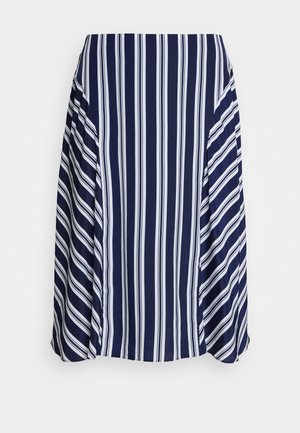 Tumesinine seelik valgete vertikaalsete triipudega, voolava disainiga, pehme tekstuuriga ja külgedel volditud aktsentidega.