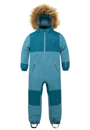 Wasserdichter türkisfarbener Schneeanzug mit fellgefütterter Kapuze, vollem Reißverschluss vorne und elastischen Bündchen. Verfügt über kontrastierende, dunklere Einsätze und Reißverschlusstaschen.