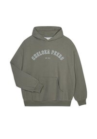 Felpa con cappuccio verde oliva con tasca frontale, caratterizzata da testo bianco "CHELSEA PEERS" e "EST. 2012" in un design ad arco. Tessuto morbido, vestibilità rilassata.
