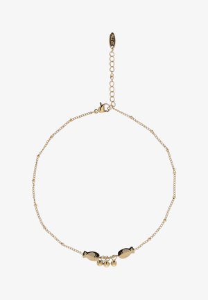 Hieno kultainen ketjukaulakoru, jossa kaksi kalanmuotoista riipusta ja kolme pientä pyöreää kultapähkinää keskellä roikkuvina, suljetaan hummeriklipsillä.