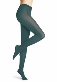 Collant di colore teal realizzati in un materiale liscio e trasparente. Presentano un elastico in vita alto e una leggera lucentezza uniforme sulle gambe.