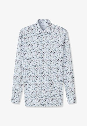 Langärmliges Hemd mit Knopfleiste, weißem Grund und einem blättrigen Muster in den Farbtönen Hellblau, Grün und Dunkelrot.