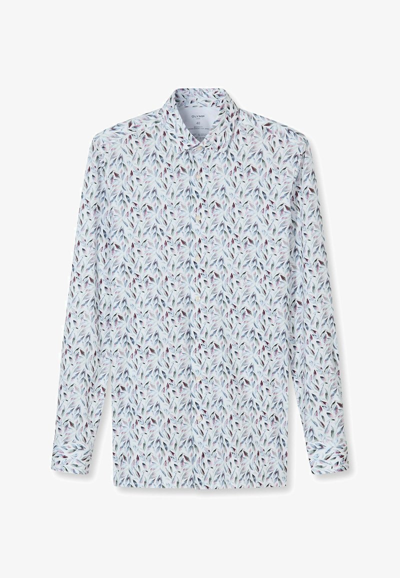 Langärmliges Hemd mit Knopfleiste, weißem Grund und einem blättrigen Muster in den Farbtönen Hellblau, Grün und Dunkelrot.