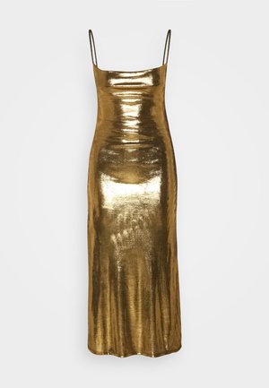Abito midi metallizzato oro con spalline sottili, texture liscia, silhouette aderente e una leggera lucentezza, caratterizzato da un orlo dritto.