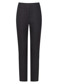 Pantalon noir ajusté, coupe slim, devant plat, passants pour ceinture et deux poches latérales. Confectionné dans un tissu lisse et structuré.