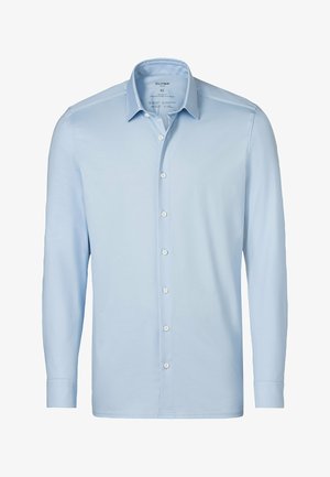 Lichtblauw lang mouw shirt van gladde stof, met een klassieke kraag en gelijkmatig verdeelde witte knopen aan de voorkant.