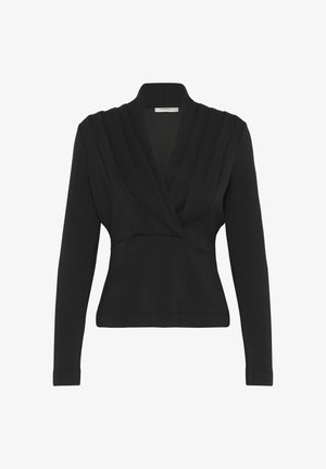 Schwarzes Langarmshirt mit tiefem V-Ausschnitt und plissiertem Design an den Schultern. Hergestellt aus weichem Stoff für Komfort und Flexibilität.