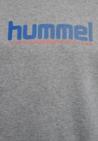Grauer Stoff mit blau gestreiftem "hummel"-Text und rotem "performance"-Text, der von zwei roten Linien unterstrichen ist, zentriert auf der Oberfläche.