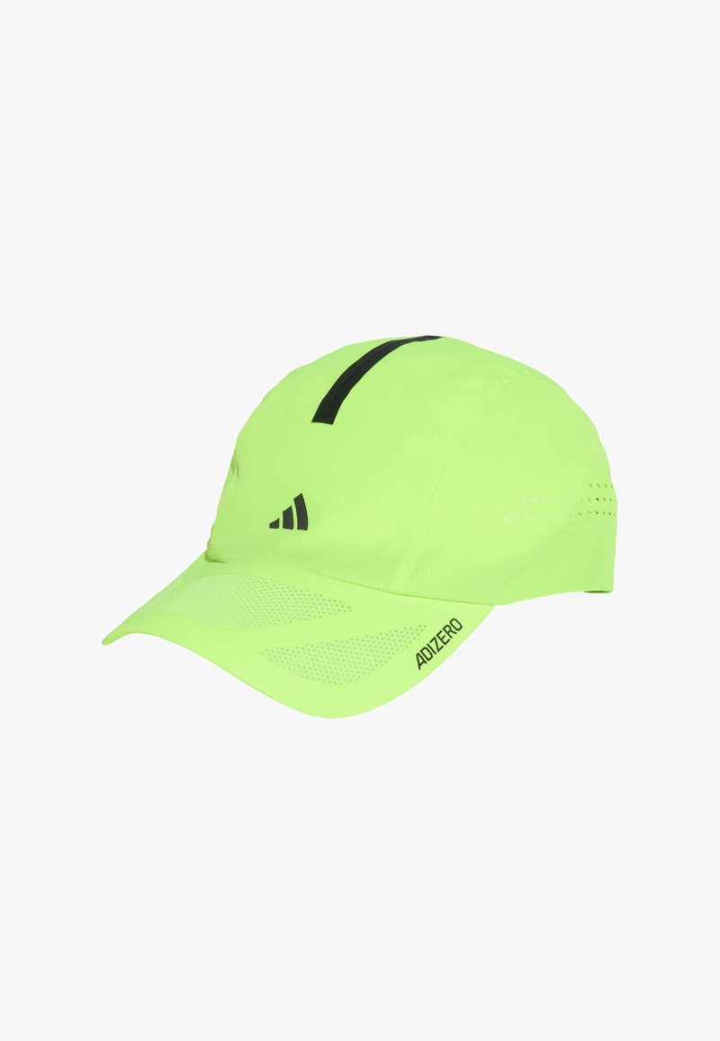 Neon green running cap with black accents, lightweight fabric, perforated side panels for ventilation, and branded with "ADIZERO" on the bill.