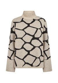 Hellbeiger Rollkragenpullover mit einem blockartigen schwarzen Muster. Strickstoff, übergroße Passform und abgestufte Schultern erzeugen ein strukturiertes Aussehen.