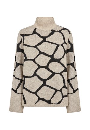 Hellbeiger Rollkragenpullover mit einem blockartigen schwarzen Muster. Strickstoff, übergroße Passform und abgestufte Schultern erzeugen ein strukturiertes Aussehen.