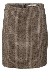 Hnědá kostkovaná sukně vyrobená z texturované látky, s hladkým pasem a zapínáním na zip vzadu. Vzory jsou konzistentní po celé ploše.