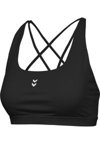 Svart sport-bh med rundad halsringning och korslagda band bak. Slät tyg med en minimalistisk design och en liten logotyp framtill.