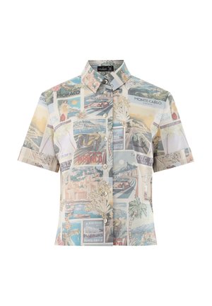 Kurzärmeliges Hemd aus leichtem Stoff, mit einem pastellfarbenen Postkarten-Print, der Bilder von Monaco, Autos und Küstenlandschaften zeigt.