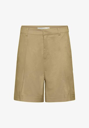 Béžové šortky s vysokým pásom, prispôsobené s pútkami na opasok, prednými záhybmi a vyhrnutým lemom, zobrazené na bielom pozadí.