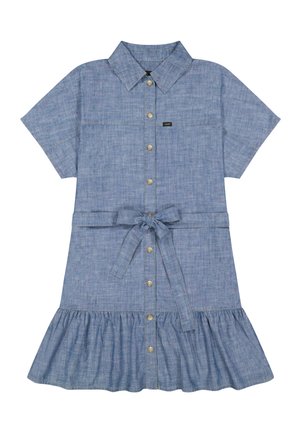 Φόρεμα από ελαφρύ γαλάζιο ύφασμα chambray με κοντό μανίκι, γιακά, κουμπιά μπροστά, κορδόνι στη μέση και βολάν στο κάτω μέρος.