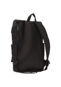 Black backpack with padded shoulder straps, front zipper pocket, side mesh pocket, and a structured design. Made from durable fabric.