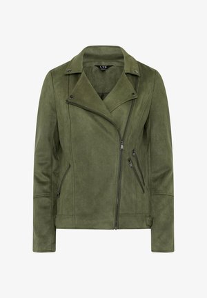 Oliven grøn faux suede jakke med klippet krave, asymmetrisk frontlynlås og to lynlåslommer på siden. Glat overflade.