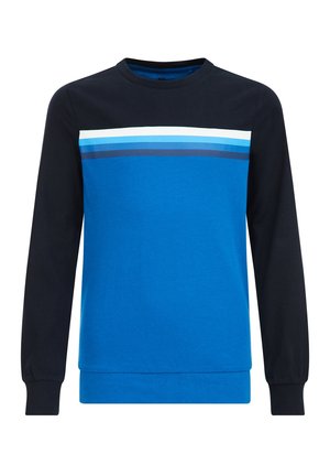 Langærmet sweatshirt med rund hals, sorte ærmer og øverste del af brystet, blå krop og vandrette hvide og blå striber over brystet.