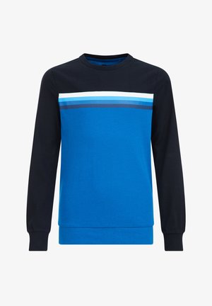 Sweat-shirt à manches longues avec col rond, manches noires et partie supérieure de la poitrine noire, corps bleu, et rayures horizontales blanches et bleues sur la poitrine.