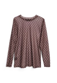 Camicia lunga a maniche con materiali trasparenti di colore marrone, decorata con pois bianchi. Presenta un collo rotondo e una vestibilità ampia. Finitura texturizzata su tutta la superficie.