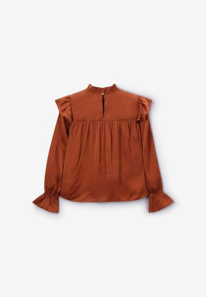 Braune Satinbluse mit Rüschenärmeln, hohem Halsausschnitt und Schlitzöffnung am Rücken. Das geraffte Design sorgt für Volumen und Struktur.