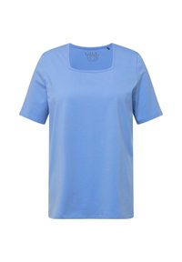 Lichtblauw shirt met korte mouwen en een vierkante halslijn, gemaakt van zacht katoen. Heeft een losse pasvorm en een licht gestructureerd oppervlak.