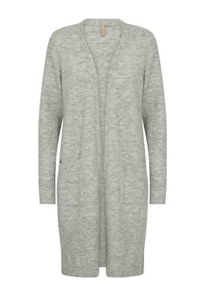 Long grey cardigan made of soft knit material. Features a simple open front, two front pockets, and ribbed texture at the hem and sleeves.