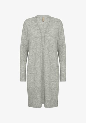 Garšs pelēks kardigāns, izgatavots no mīksta adījuma materiāla. Tam ir vienkāršs atvērtais priekšpuses dizains, divas priekšējās kabatas un ribota tekstūra apakšmalā un piedurknēm.