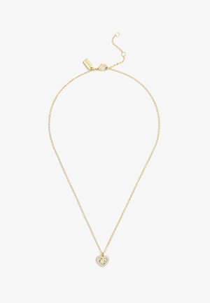 Gold chain necklace with a heart-shaped pendant, featuring a central gem surrounded by smaller clear stones, delicate and detailed design.