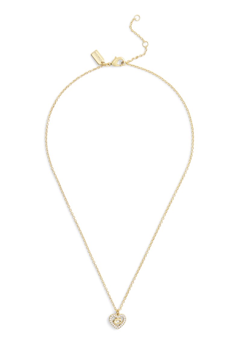 Gold chain necklace with a heart-shaped pendant, featuring a central gem surrounded by smaller clear stones, delicate and detailed design.
