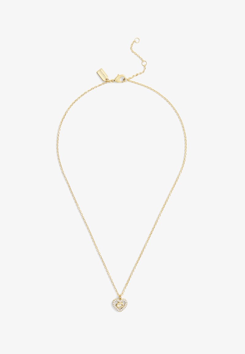 Gold chain necklace with a heart-shaped pendant, featuring a central gem surrounded by smaller clear stones, delicate and detailed design.