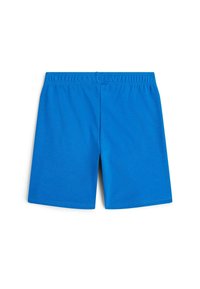 Modré bavlnené šortky s elastickým pásom, majú hladkú textúru a jednoduchý, nezdobený dizajn.