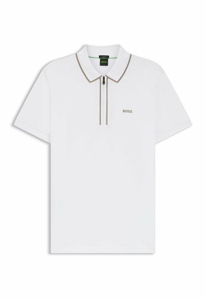 Vit pikétröja med korta ärmar, dragkedja vid kragen och beige detaljer. Har en liten "BOSS"-logotyp på bröstet. Mjukt bomullsmaterial.