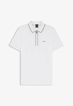 Hvid poloshirt med korte ærmer, lynlås i kraven og beige detaljer. Har en lille "BOSS"-logo på brystet. Glat bomuldsmateriale.