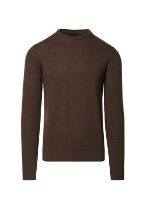 Brązowy sweter z dzianiny z długimi rękawami, okrągłym dekoltem i ściągaczem na dole. Gładka faktura, średnia grubość, minimalistyczny design.