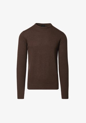 Brązowy sweter z dzianiny z długimi rękawami, okrągłym dekoltem i ściągaczem na dole. Gładka faktura, średnia grubość, minimalistyczny design.