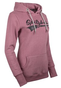 Paarse hoodie met een voorkant zak, zwart scriptontwerp met de tekst "Spitzbald", koordjes en ribgebreide manchetten voor een snug fit.