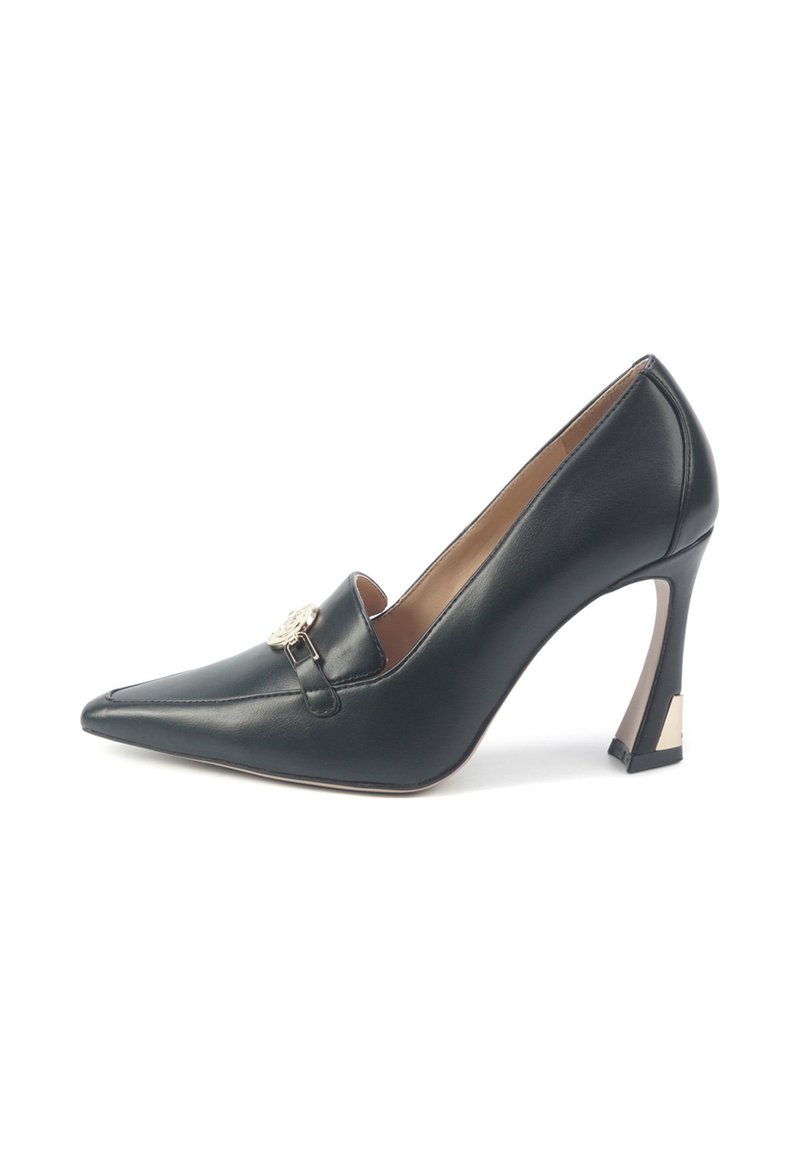 Black leather high-heeled shoe featuring a pointed toe and gold-tone hardware accent. The heel has a unique geometric design with a contrasting tip.